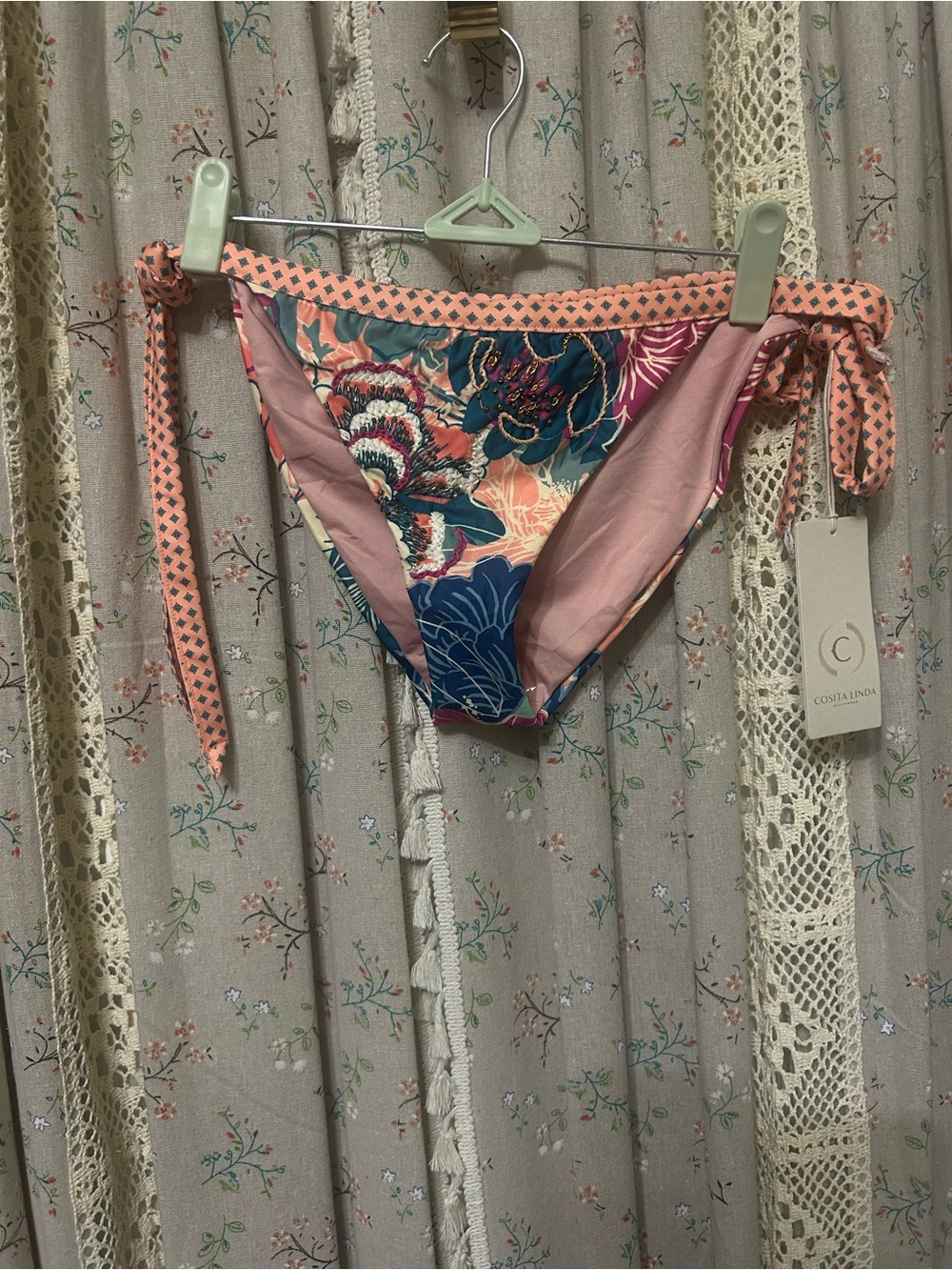 Cosita‎ Linda Tropical Side Tie Bikini Bottom Beaded Embroidered Swim M NWT